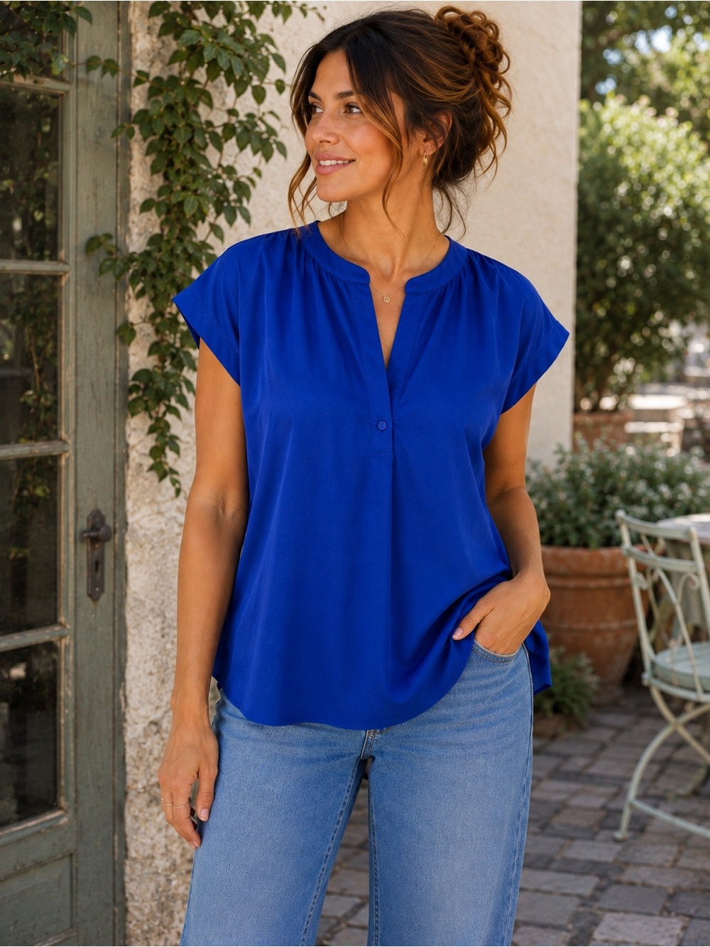 Jodifl Cobalt Blue Silky Split Neck Cap Sleeve Blouse Top Medium